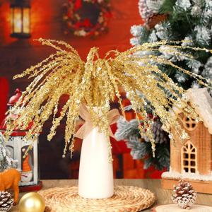 6 Pcs Gold Glitter Christmas Picks and Sprays 23.62" Artificial Sequins Twigs Stems Ornaments Decorative Willow Ting Branches for Xmas Tree DIY Wreath Crafts Tree Topper Vase Filler Decor
