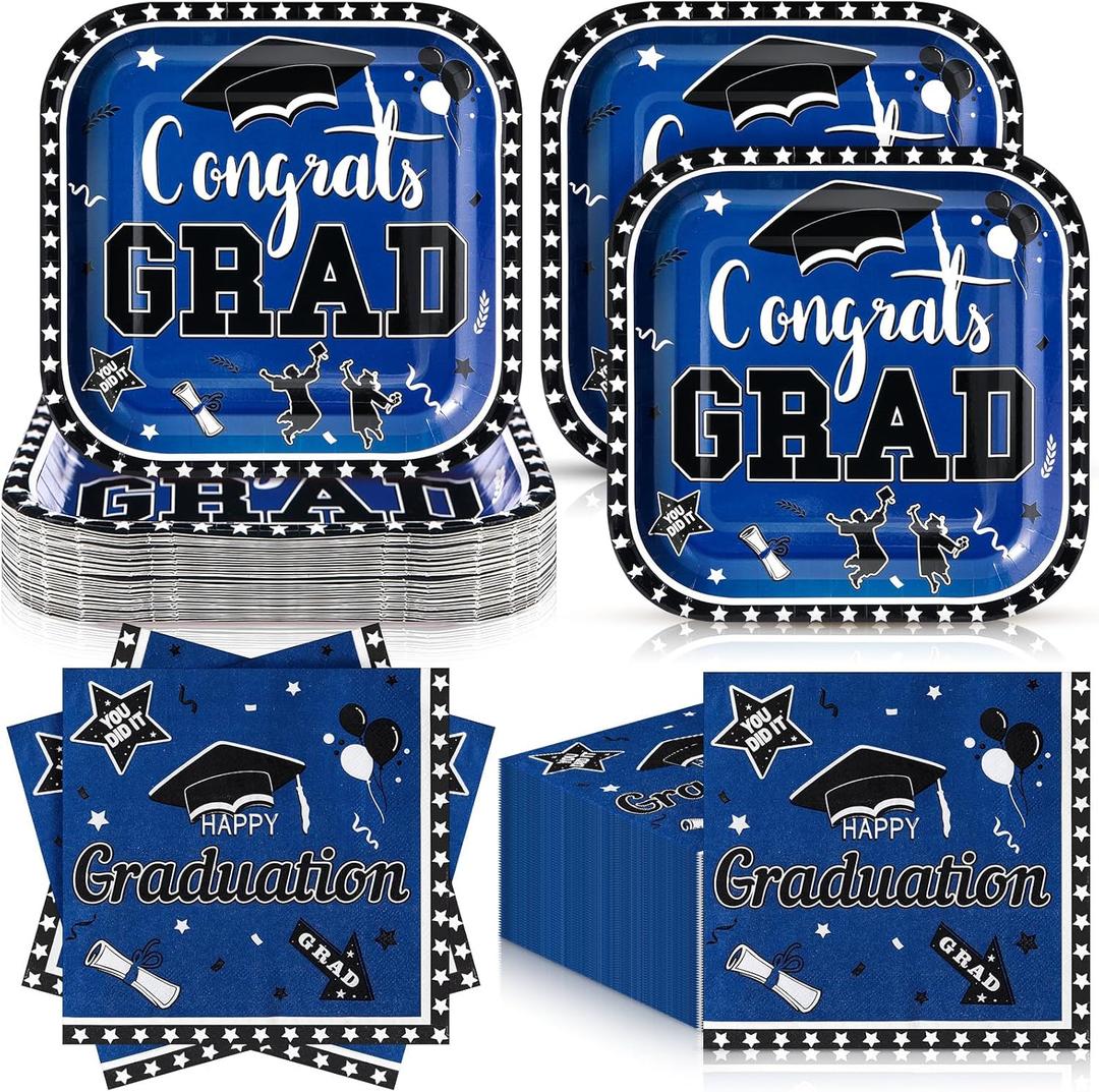 Zhehao 72 Pcs 2025 Graduation Party Supplies Set Serve 36, 7" Square Congrats Grad Paper Dessert Plates and Napkins Class of 2025 Graduation Disposable Dinnerware Decoration for Holiday(Blue)