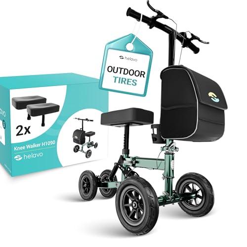 Helavo Adjustable Knee Scooter for Adults with Suspension, All-Terrain 10" Rubber Front Wheels, Scooter for Broken Foot - 350 lbs Capacity, Compact Crutches Alternative with 2 Knee Pads Included