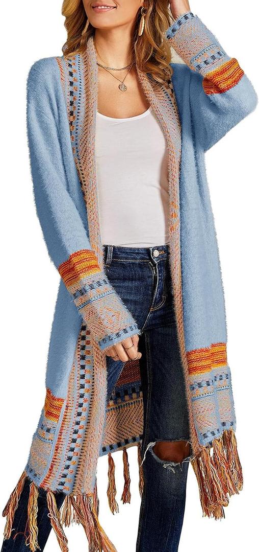 Misassy Womens Boho Open Front Long Cardigans Sweater Loose Long Sleeve Embroidery Tassels Kimono Duster Outwear (Large, Blue)