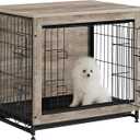 Feandrea 27.2" Dog Crate Furniture, Indoor Dog Cage Side End Table, M Pet Wood Kennel for Medium and Small Dogs up to 30 lb with Multi-Purpose Removable Tray, Double-Door Pet House, Greige