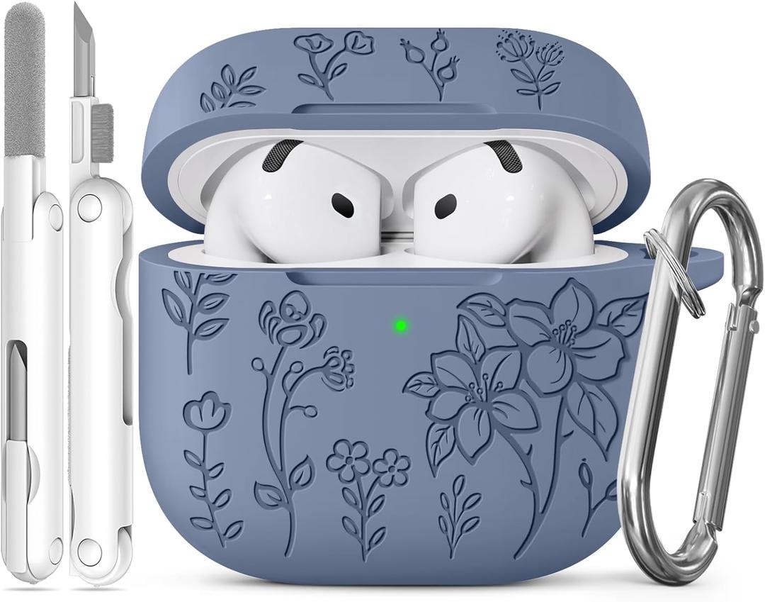 for AirPods 4 Case, Soft Silicone Airpod 4 Case Cover QUTE with Keychain & Cleaning Kit Compatible with AirPods 4th Generation 2024 for Women Girly, Anti-Scratch (Lavender Grey)