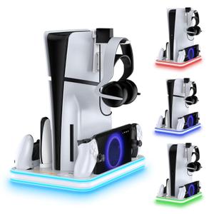 PS5 Cooling Station with RGB Charger Dock - All-in-One Stand for DualSense, Edge, PS Portal, Headset - Fast Charging & Turbo Fan Cooling System for PlayStation 5 Accessories Setup (White)