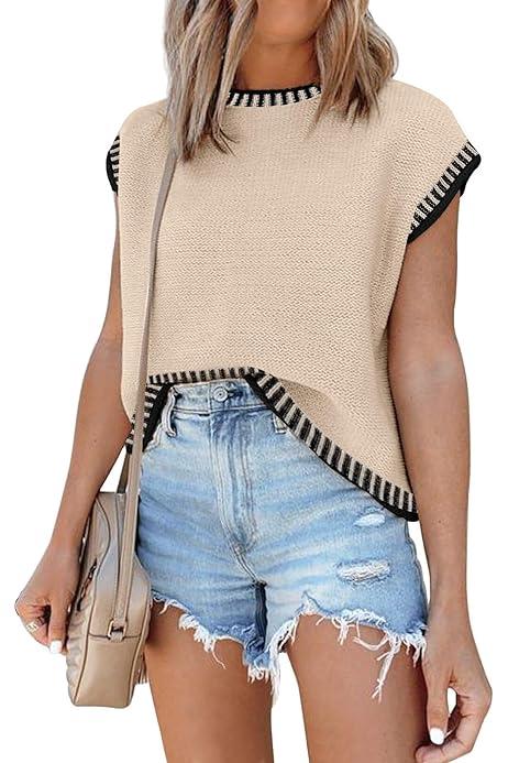 EKOULER Sweater Tops Sleeveless Vest 2025 Spring Clothes Oversized Summer Tank Trendy Short Sleeve T Shirts, XL