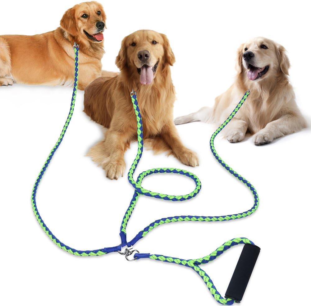 PETBABA 3 Dog Leash No Tangle, 4.6ft Heavy Duty Splitter Coupler, Reflective Strong Triple Multi Way Lead Split, Soft Padded Handle, for Walking Three Medium Large Dogs That Pull - Green