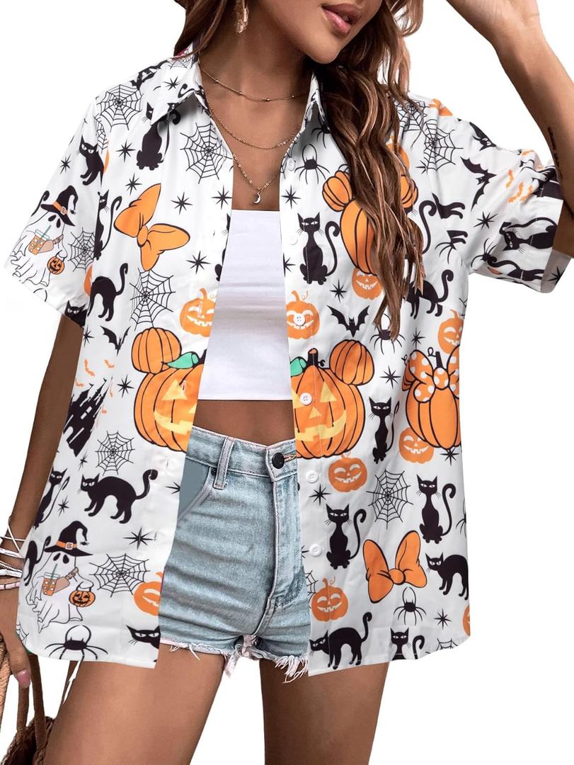 2 x Womens Halloween Hawaiian Shirt Cute Pumpkin Spooky Castle Graphic Tee Magical Halloween Short Sleeve Button Up Tops (M)