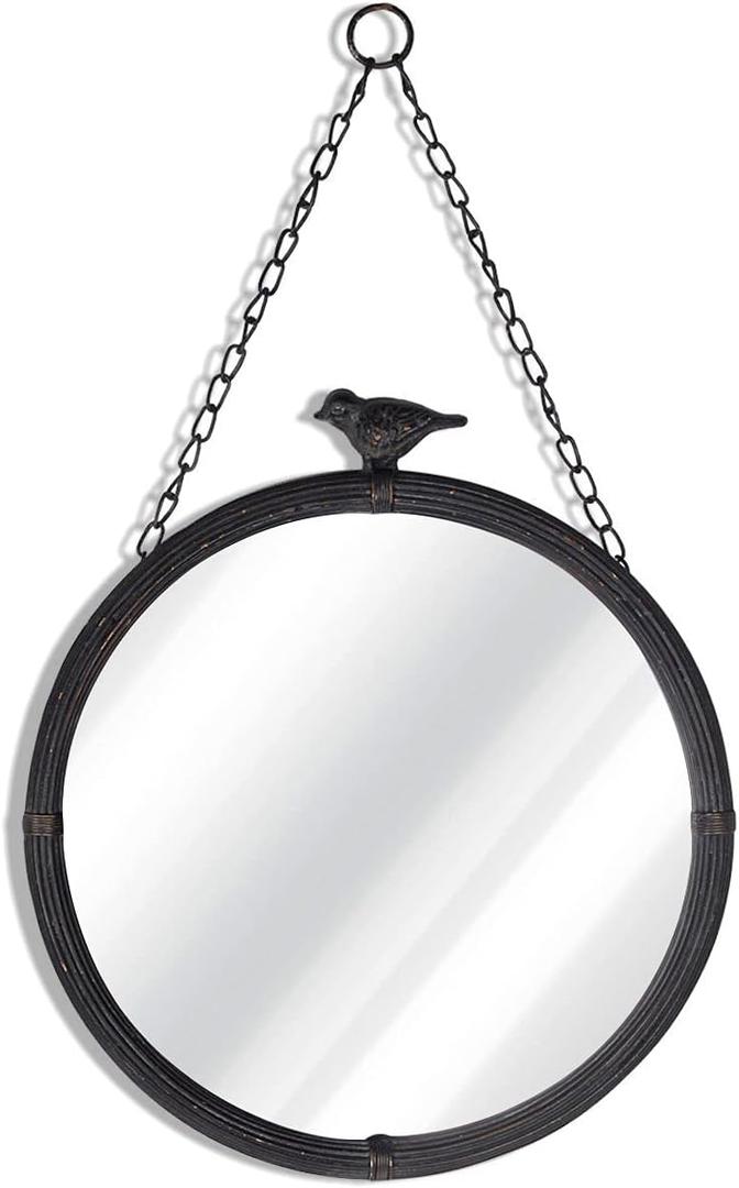 NIKKY HOME 11.2" Decorative Small Hanging Mirrors Vintage Rustic Round Metal Framed Wall Mounted Mirror Decor with Bird for Bathroom Living Room Office, Antiqued Black
