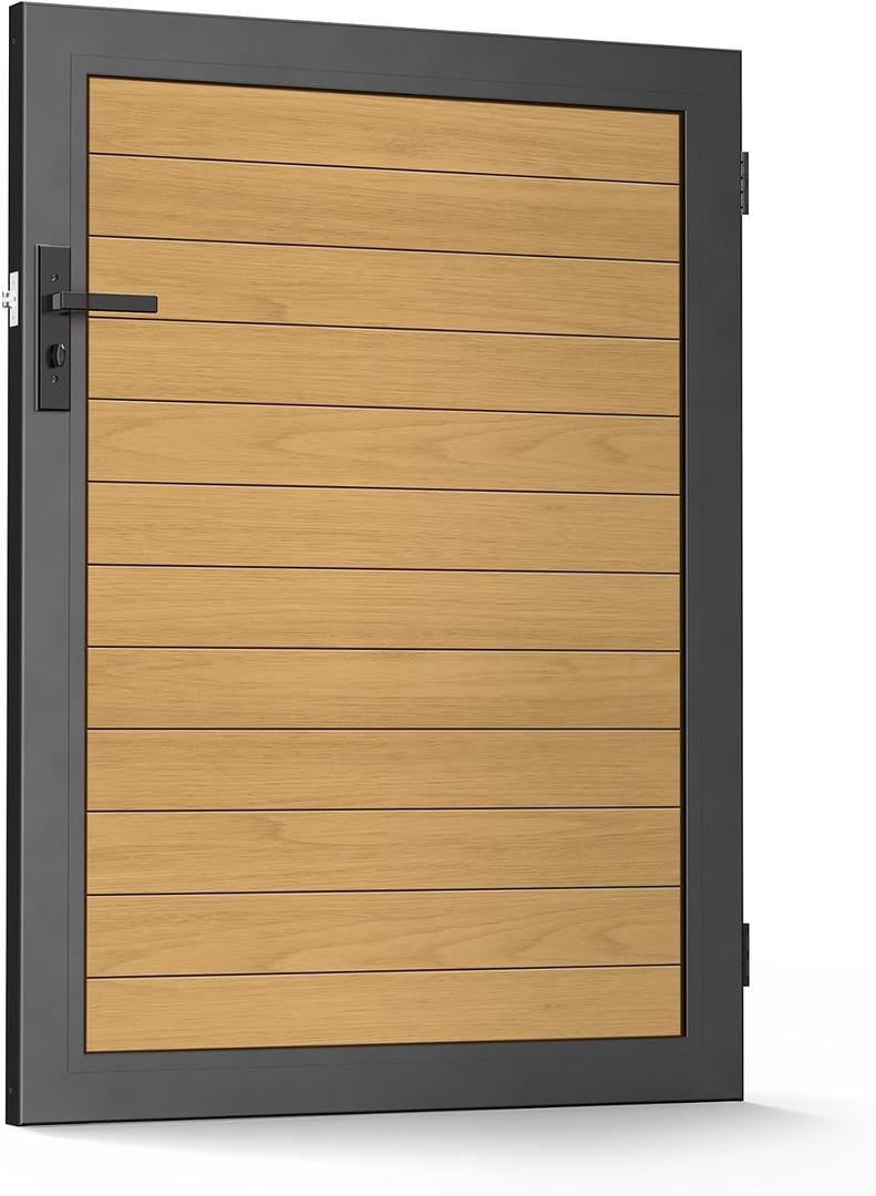 3x4 FT (34.8"x47.8") Aluminum Fence Gate Kit, Heavy-Duty Wood Grain Aluminum Gate with Decorative Cutout, Lock & Hinges, Left/Right Opening, Weather-Resistant for Yard, Garden, Backyard