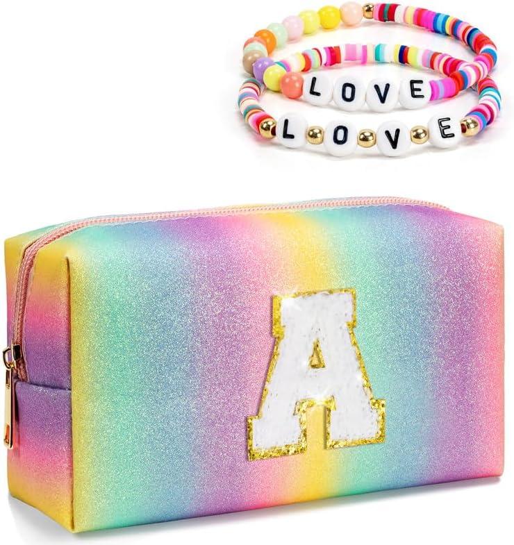 Birthday Gifts for 4 5 6 7 8 9 10 11 12 Year Old Girls, Initial Makeup Toiletry Bag for Kids, Kindergarten Graduation Gifts, Teacher Appreciation Gifts, Cute Trendy Stuff (Medium)