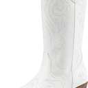 DREAM PAIRS Women's Cowboy Boots Mid Calf Cowgirl Boots Square Toe Chunky Heel Embroidery Stitched Western Boots, White (US 8.5)