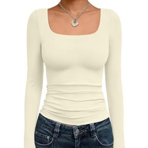 Trendy Queen Womens Long Sleeve Shirts Crop Tops Fall Fashion 2025 Square Neck Going Out Basics Tees Y2k Clothes (Medium, Apricot)