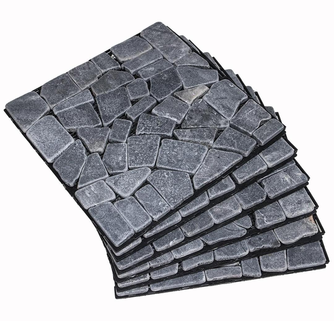 Decking Natural Pebble Interlocking Floor Patio Tiles, Indoor & Outdoor Interlocking Tiles 12"x12" 6pcs - A Great Upgrade Option for Garden Patio Path (Black)
