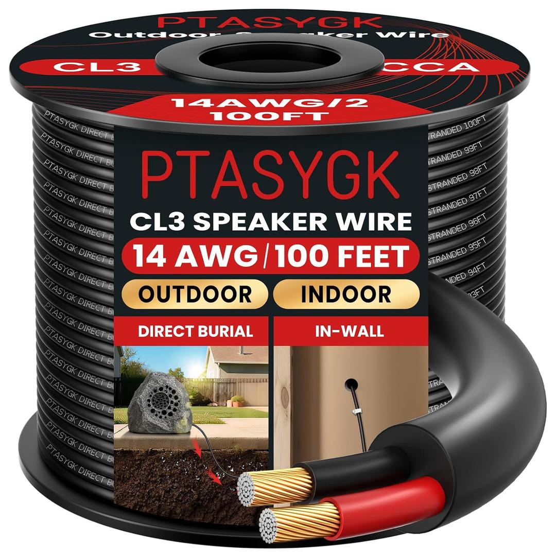 14 Gague Outdoor Speaker Wire 100 Feet - 2 Conductor Direct Burial Speaker Cables CL3 CL2 Rated, UV Resistant CCA Cable for Garden, Patio, Pool Audio Systems