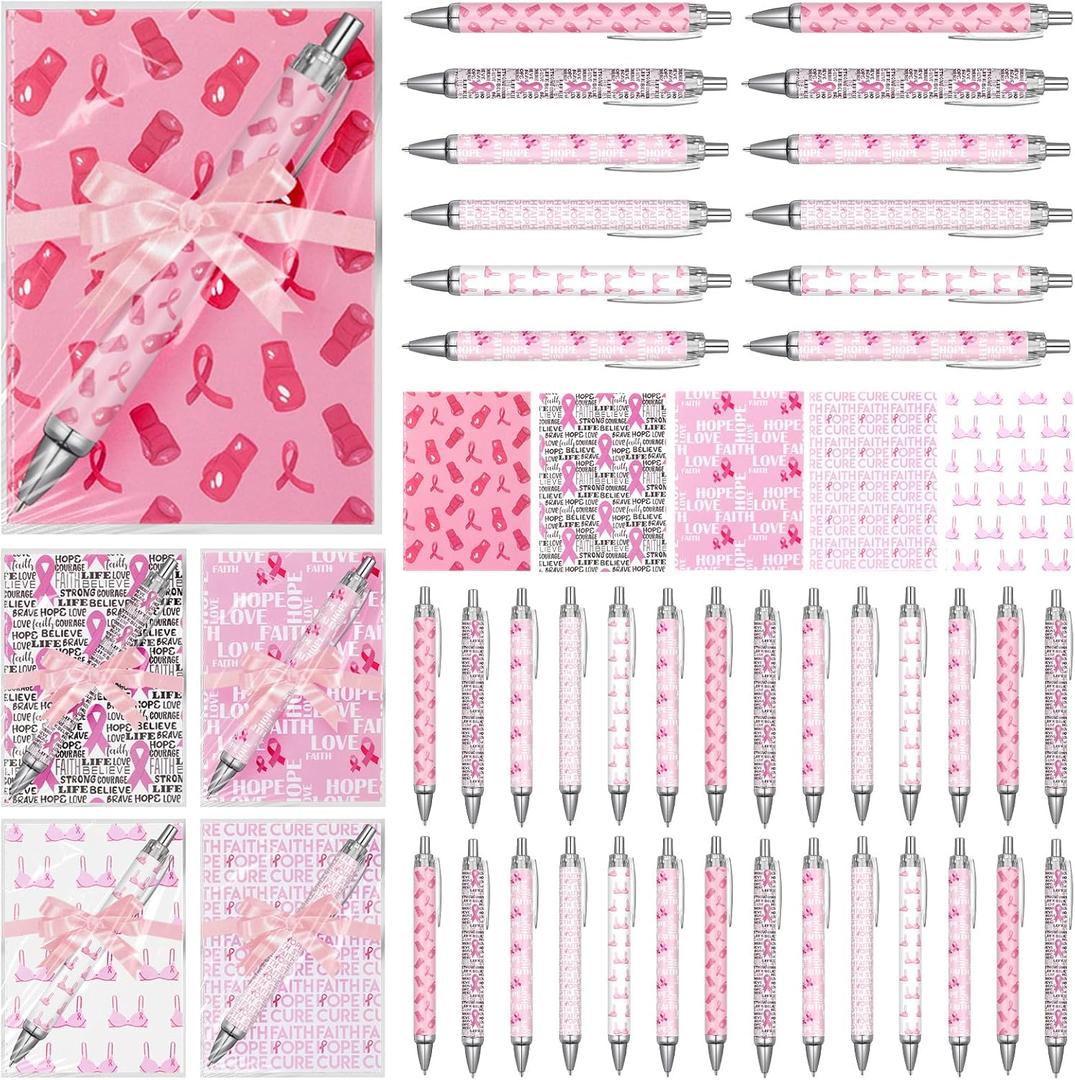 25 Sets Breast Cancer Awareness Gift Sets Pink Ribbon Ballpoint Pens Bulk with Mini Pocket Journal Notepads and Bags for Women Girls Charity Event Breast Cancer Party Supplies Decor