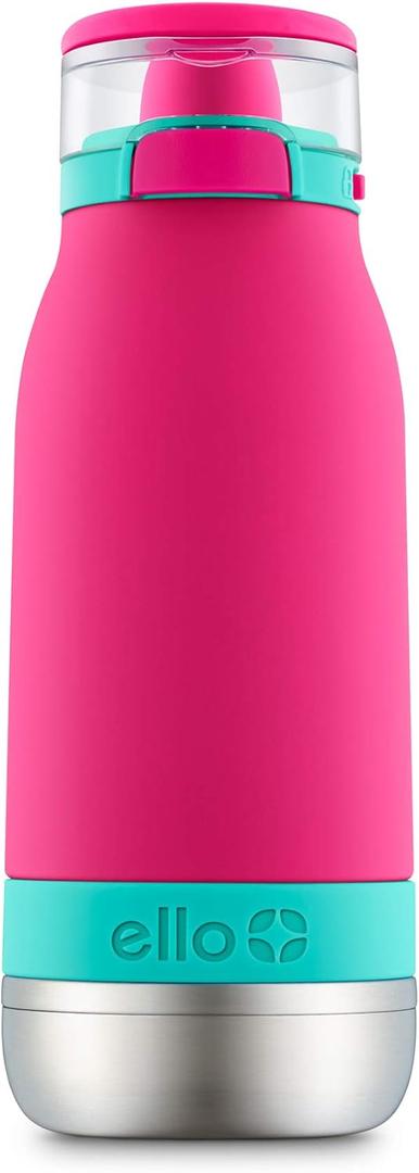 Ello Emma 14oz Vacuum Insulated Stainless Steel Kids Water Bottle with Straw and Built-in Carrying Handle and Leak-Proof Locking Lid for School Backpack, Lunchbox and Outdoor Sports (Tropic Pink)
