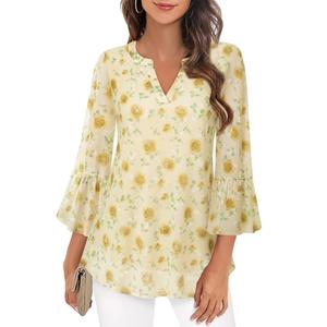 Timeson Womens 3/4 Sleeve Tops: Business Casual - Dressy Blouses for Women - Polyester Shirts for Women Cute Floral Ladies Top Loose Fitted Spring Tunics for Leggings Flowy Office Work Rose Yellow XL
