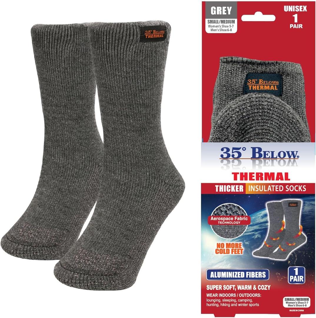 35 BELOW Thermal Insulated 1 or 3 Pk Socks for Men and Women, Designed with Soft Aluminized Loops to Keep Feet Warm and Cozy (Small-Medium, 1 Pair (Grey))