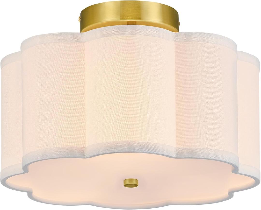 VONLUCE Semi Flush Mount Ceiling Light, 12.6" Ceiling Light Fixture with Flower-Shaped Fabric Shade, 3-Light Modern Light Fixture for Bedroom Living Room Nursery Hallway, White Shade & Gold Finish