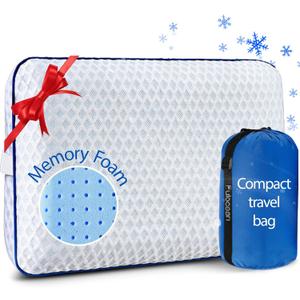 fulocean Cooling Travel & Camping Memory Foam Pillow for Sleeping,Contoured Support Medium Firm Small Travel Pillows for Airplanes & Backpacking Car Compact Lightweight, Breathable Washable Cover (White)