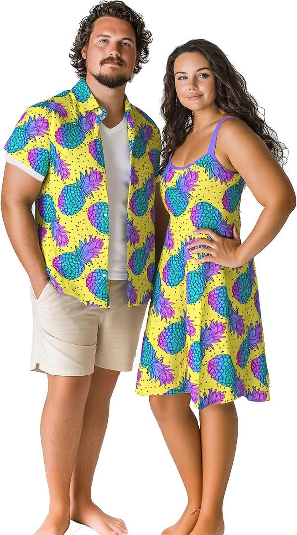 ROSE GAL Matchable Couple Hawaiian Coconut Tree Print Shirt or Plus Size Knee Length Fit and Flare Tank Dress (Yellow, XXXL)