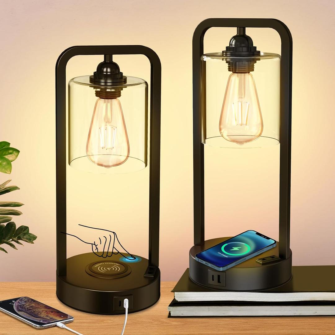 Wireless Charging Table Lamp for Bedroom Set of 2, Touch Control Dimmable with Type C USB Ports & AC Outlet Bedside Nightstand Lamp, Glass Shade Industrial Desk Lamp for Home Office, Bulbs Included (Black)