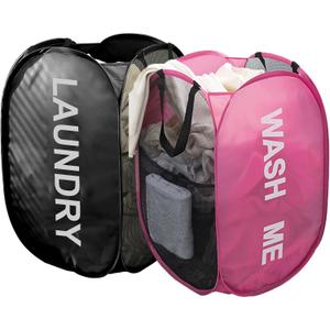 Larpur Pop Up Laundry Baskets, 2 Pack Mesh Laundry Hampers Collapsible Clothes Hampers, Portable Cruise Laundry Hampers for Home, Dorm, Travel (Black + Pink)