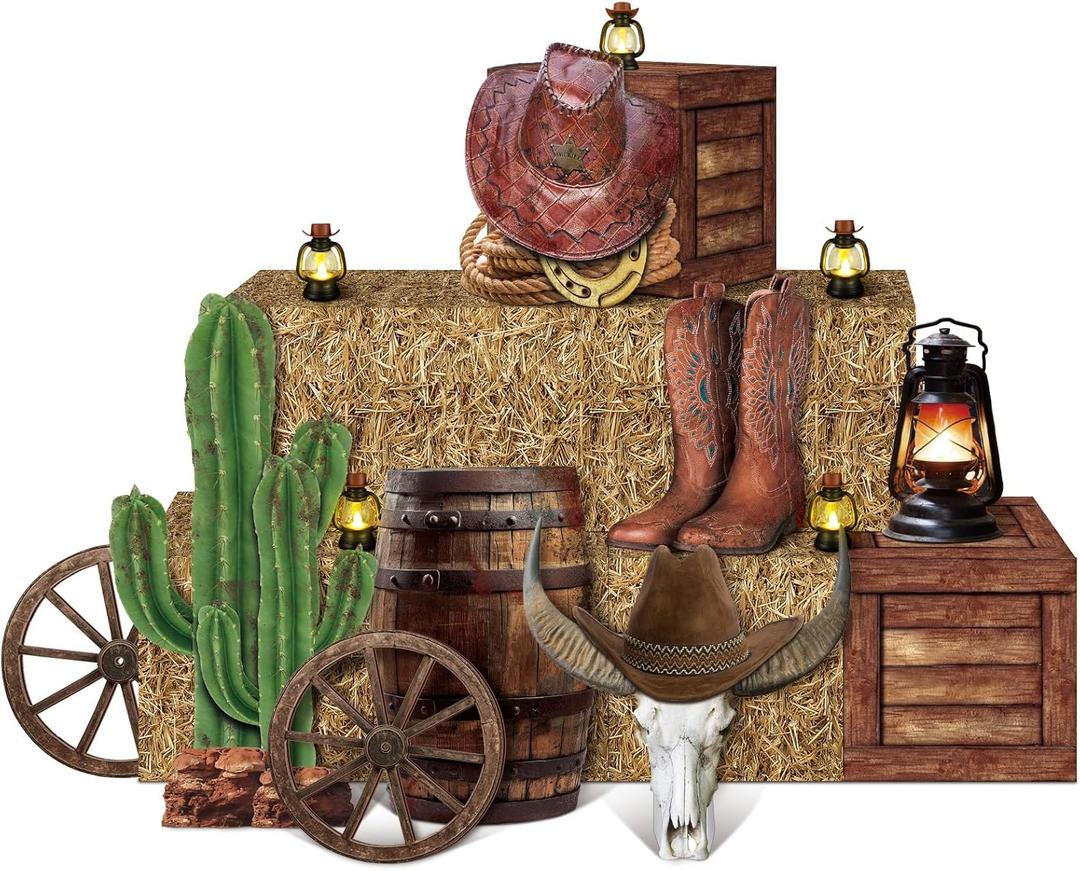 Colingmill 16 Pcs Western Cowboy Party Decorations 6 Hay Bales Boxes Wooden Print Boxes Wagon Wheels and Western Cowboy Centerpieces Decor for Photo Booth Props Farm Cowgirl Birthday Party