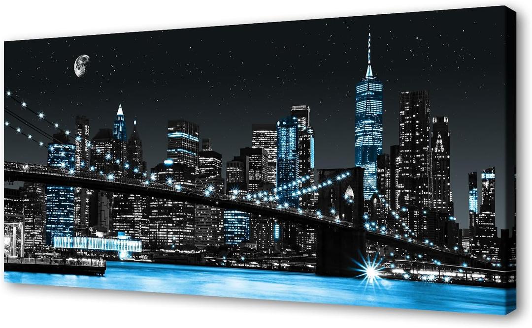 DZL Art Q70962 Canvas Wall Art New York Manhattan Night View Black White and Blue New York Brooklyn Bridge Cityscape Night Building Picture Poster Print Framed for Bedroom Home Decorations
