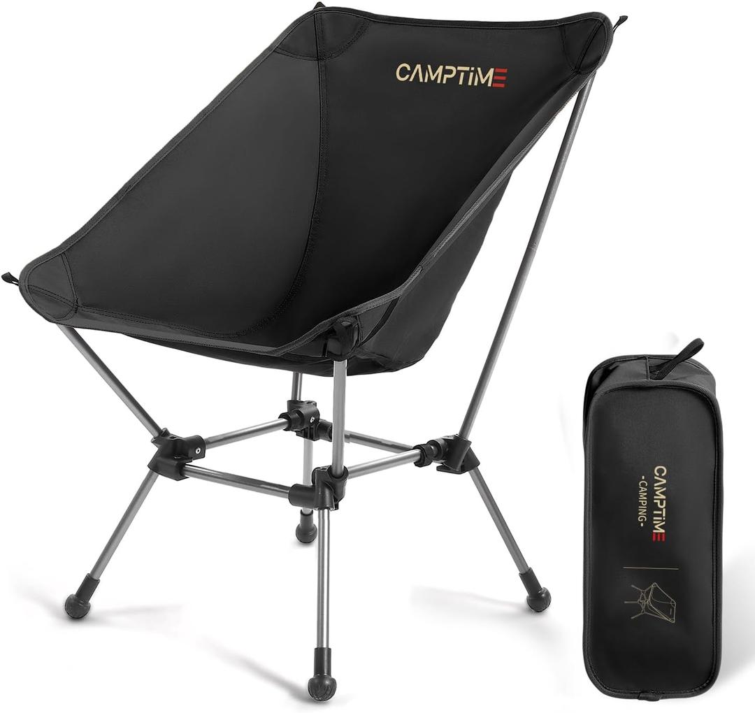 Camptime Portable Camping Chair Plus, Larger & Roomier, Compact and Lightweight, Folding Chair for Backpacking & Hiking, 330Lbs Capacity, Black