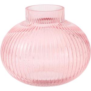 Pink Glass Vase for Flowers, Ribbed Glass Vase, Round Flower Vases for Tulips, Short Vases for Living Room, Office, Coffee Table, Shelf, Wedding, 6 Inches