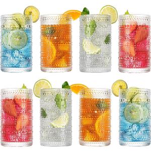Wookgreat Drinking Glasses, 8 pcs Embossed Designed Glass Cups, 12oz Highball Glasses, Tall Water Glass Tumbler, Mojito Cups, Cocktail Glass, Vintage Glassware Set for Water, Juice, Cocktail, Whiskey