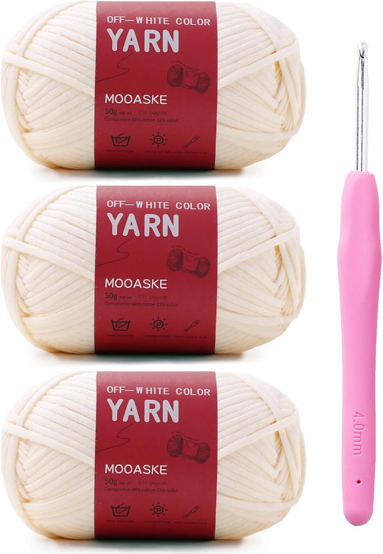 2 x 3 Pack (3 x 50g) Crochet Yarn with Crochet Hook - Worsted Medium Yarn for Crocheting - Easy-to-See Stitches Cotton-Nylon Blend Beginner Knitting Yarns for Adults and Kids (Milky White)