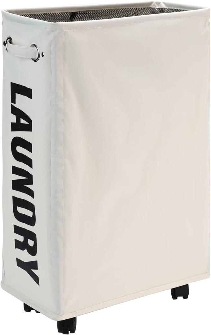 DOKEHOM 25-Inches Slim Laundry Basket on Wheels, Collapsible Rolling Laundry Hamper, Foldable Narrow Corner Clothes Storage Bins (Beige)