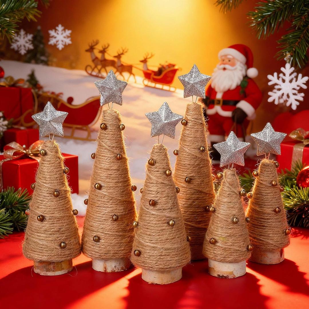 Yookeer 6 Pcs Christmas Yarn Trees Mini Tree Table Decorations with Star and Mini Bell Christmas Tabletop Decor Tree Xmas Cone Trees for Xmas Holiday Table Centerpiece Farmhouse Winter Fireplace Decor