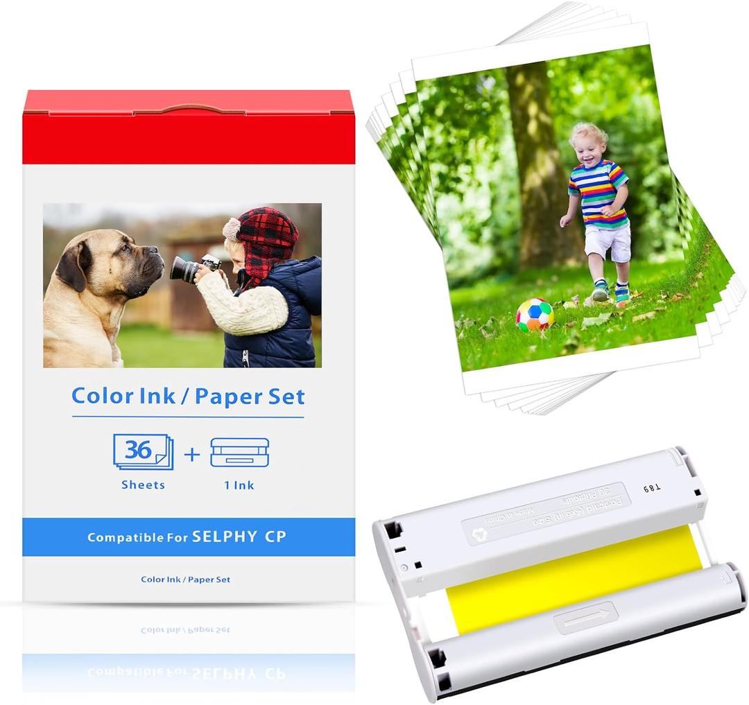 Compatible for Canon Selphy CP1500 CP1300 Ink and Paper 4x6 KP-36in Compatible with Selphy CP910 CP1000 CP1200 CP780 CP810 CP760 CP740 Printer, 36 Sheets Photo Paper + 1 Ink Cartridge KP36in Set