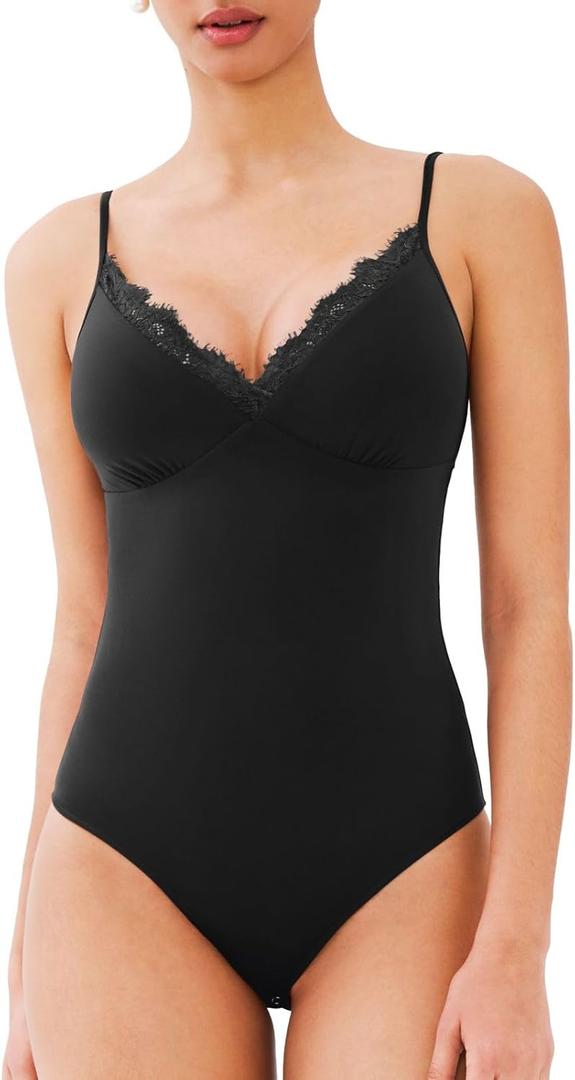 REORIA Women's Lace Trim V-Neck Bodysuit Spaghetti Straps Sexy Outfit 2025 Spring/Summer Designer Collection (M)