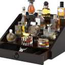 upcessory Wooden Cologne Organizer for Men Enhanced 4 Tier Cologne Stand Shelf Perfume Organizer with Velvet Lined Drawer & Hidden Storage Perfume Display Holder for Dresser Nice Gift (Stylish Brown)