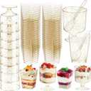 Patelai 300 Pack Gold Glitter Dessert Cups with Spoons Plastic Parfait Cups with Gold Powder for Party Include Disposable 6oz Round and 5oz Square for Ice Cream Pudding Fruit Wedding Bridal Shower