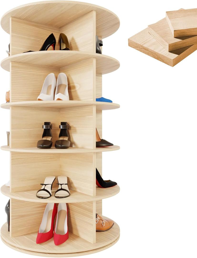 Rotating Shoe Rack Tower, 5-Tier 24" Wide Solid Pine Wood Spinning Shoe Display 360° Lazy Susan Shoe Rack, Revolving Shoe Stand, Shoe Rotating Organizer for Closet Shoes and Handbags