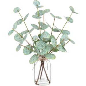Artificial Eucalyptus Stems in Glass Vase with Faux Water,Artificial Plants Eucalyptus Leaves for Shelf Desk Bathroom Farmhouse Room Coffee Table Home Decor, Central Decoration.