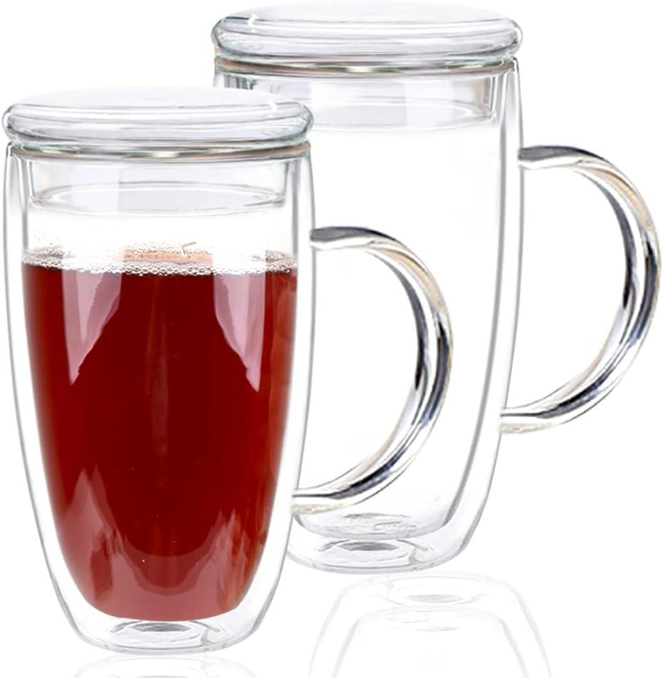 15 Oz Double-Walled Glass Coffee Mugs, 2-Pack Clear Coffee Mugs with Lids, Insulated Coffee Cups with Handles - Perfect for Cappuccino, Tea, Milk, Espresso, Latte, and Hot Beverages, Set of 2 (Glass lid, 15oz) (Glass lid, 15oz)