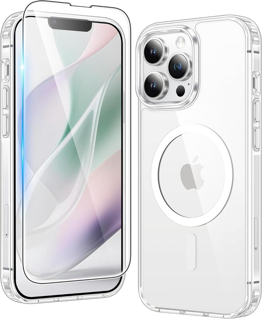 FNTCASE for iPhone 13 Pro Case: Clear Magnetic Phone Cases with Screen Protector Compatible with Magsafe Slim Anti Yellowing Rugged Shockproof Protective Transparent Cell Phone Cover (A-Clear)