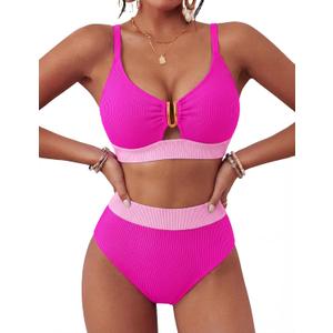BMJL Womens Swimsuits Color Block Tummy Control Bathing Suit Textured Beach Vacation 2 Piece Swim Suits for Women 2026(S,Hot Pink)