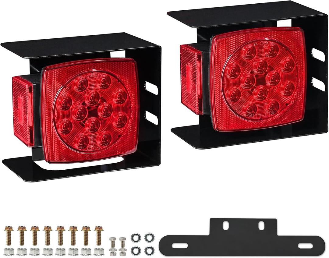 2pcs Submersible Square LED Trailer Light Kit 12V Red LED Stop Turn Tail Running Light w/Steel Mounting Boxes License Plate Bracket for Under 80" Trailer Boat Truck, IP68 DOT Approved