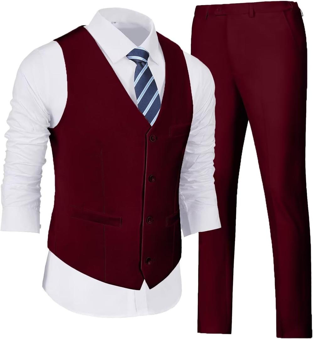 Wehilion Men's Suits 2 Pieces, Vest Pants Set for Men, V-Neck Slim Fit Casual Suit Waistcoat (Medium, Burgundy)