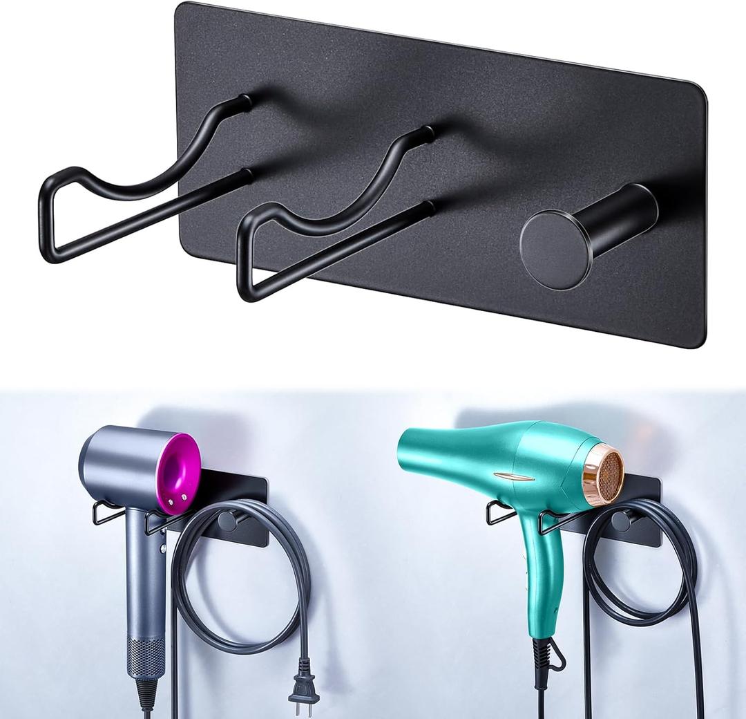 Hair Dryer Holder Wall Mounted, Universal Blow Dryer Holder, Hairdryer Storage Hanger with Plug&Cord Hook, Adhesive Hair Tool Organizer for Bathroom, Black
