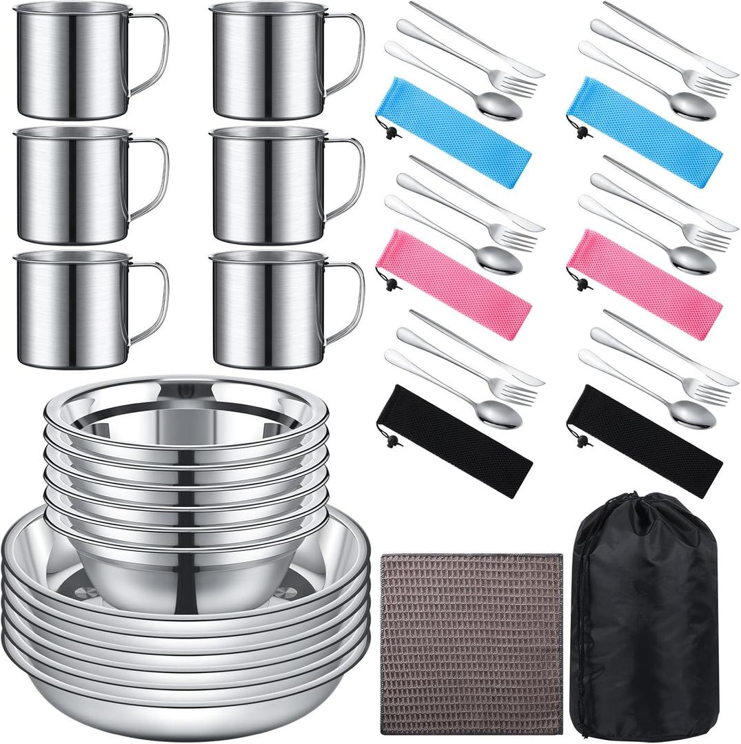 Lallisa Outdoor Camping Cookware Mess Kit Polished Stainless Steel Dishes Camping Utensils Portable Tableware with Plates Cups Spoons Forks Knives Mesh Bag for Backpacking Hiking Lallisa Outdoor Camping Cookware Mess Kit Polished Stainless Steel Dishes Camping Utensils Portable Tableware with Plates Cups Spoons Forks Knives Mesh Bag for Backpacking Hiking