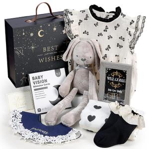 Latocos 10pcs Baby Shower Gifts for Girls Newborn Baby Girl Gifts New Born Baby Girls Essentials Romper/Bib/Plush Bunny/Visual Cards/Blanket/Socks/Greeting Card/Photo Frame Baby Gift Set for Newmom