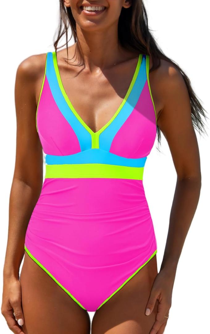 popvil One Piece Swimsuit Women 2025 Tummy Control Neon Color Block Bathing Suit Deep Vneck Tie Back Swim Suits Beach (Large, Rose Red-1)