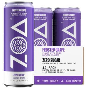 ZOA Zero Sugar Energy Drinks - Frosted Grape | Healthy Energy Formula with Natural Caffeine, Daily Vitamin C, Essential B-Vitamins | Gluten-Free, Keto Friendly | 12 Ounce Cans (Pack Of 12) (EXP 11/28/26)